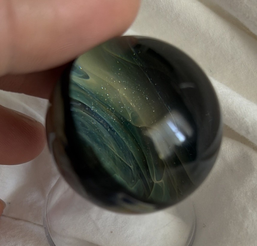 Juba 2013 Glass Marble Art handmade signed Swirling Blue Green Pink Purple