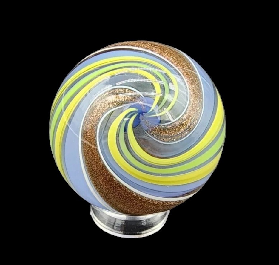 Vtg Mark Matthews Art Glass Marble Heavy Lutz Spiral Design 1.22″ Signed 1995