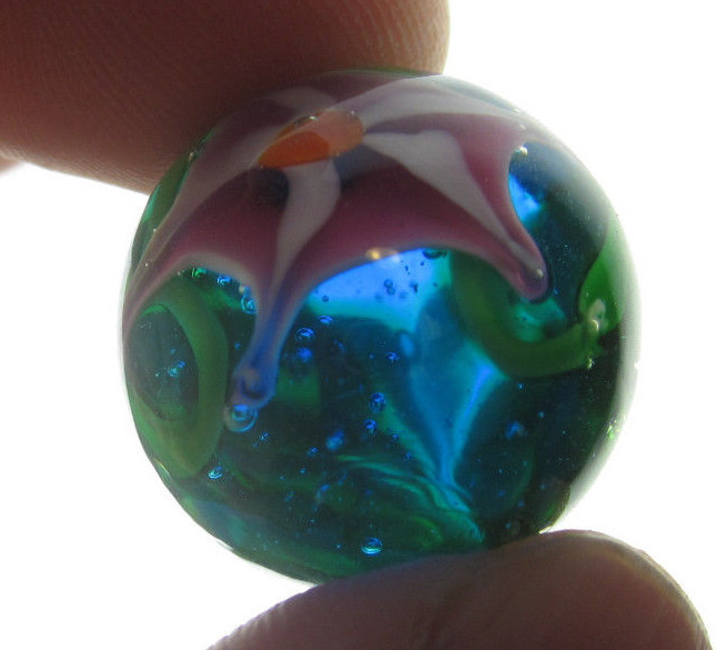 22mm STARGAZER Lily flower Handmade art glass Pink Blue Marble ball 7/8″ SHOOTER