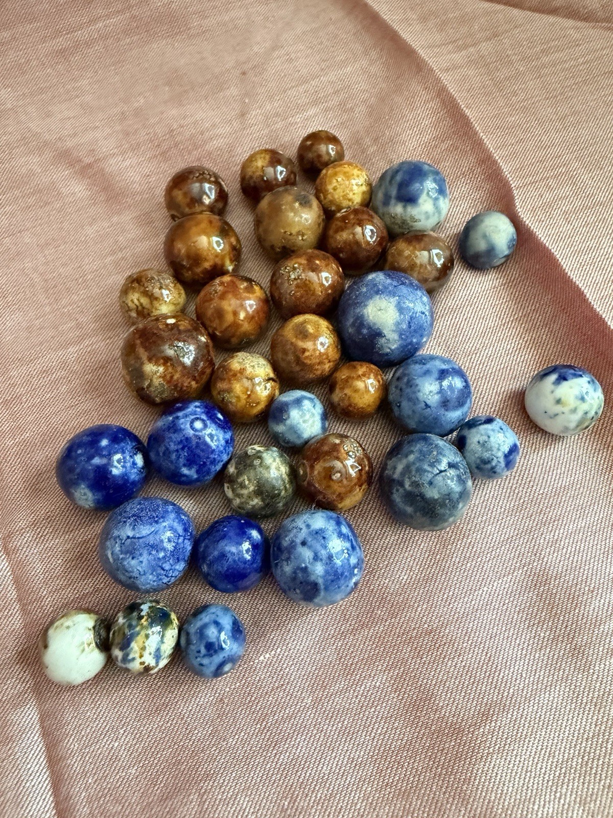 Bennington Marbles 33 Piece Lot Blue Brown Fancy Salt Glazed Clay