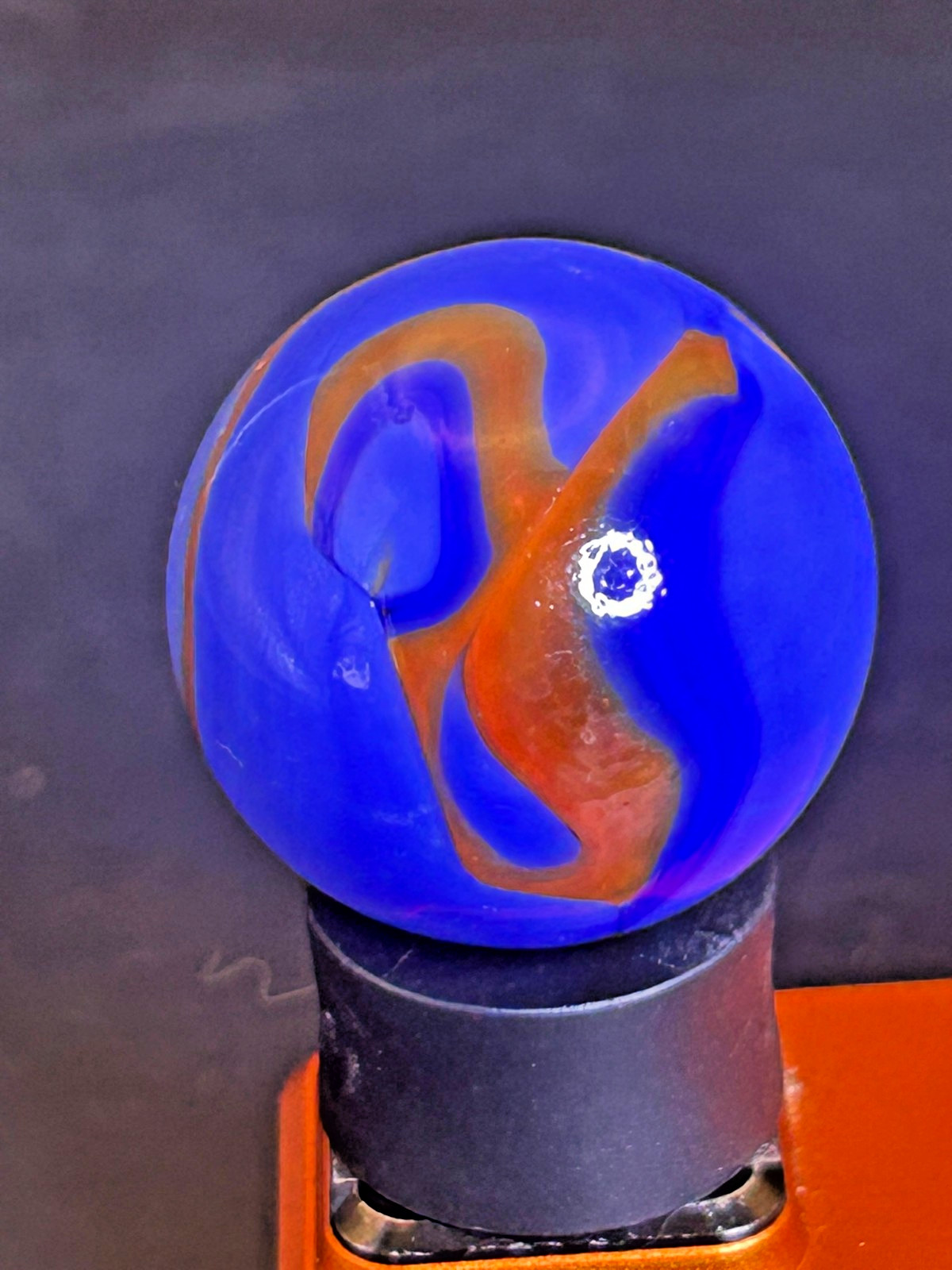 Christensen Agate Co Flame Swirl Marble Cobalt Blue & Orange UV+ .99″ Mint SH31