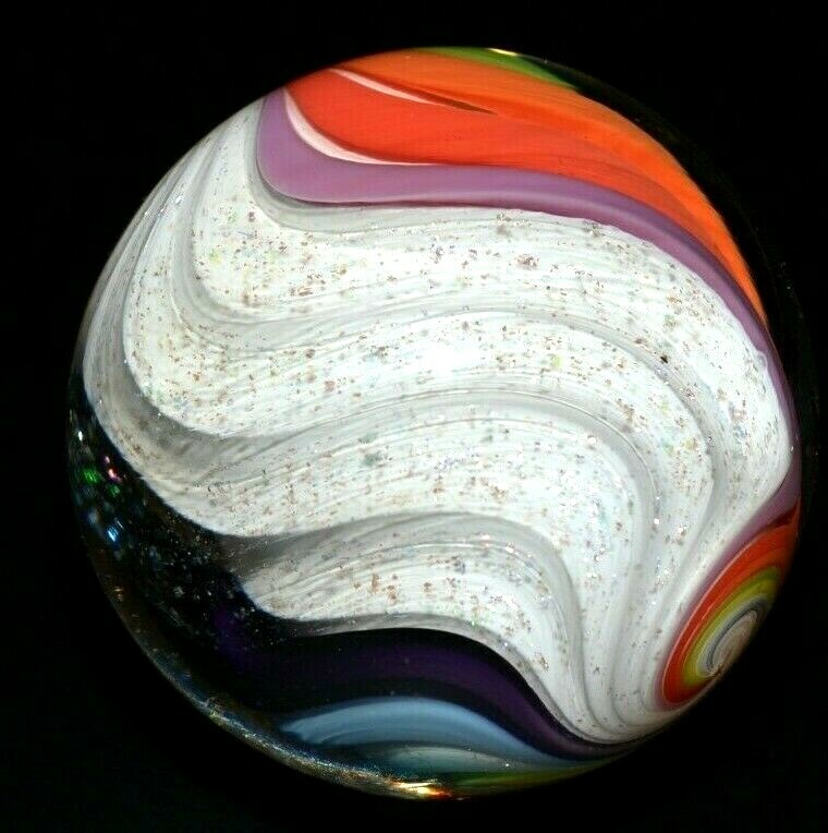 EDDIE SEESE GLASS MARBLE/1.767″-MULTI-COLORED WHITE LOBED DICHROIC DT-WAVY WHITE