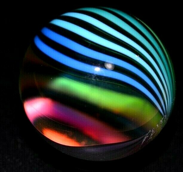 FRITZ LAUENSTEIN GLASS MARBLE/1.140″-3/4 RAINBOW WEIRDO-1/4 IS CLEAR VIEW-CENTER