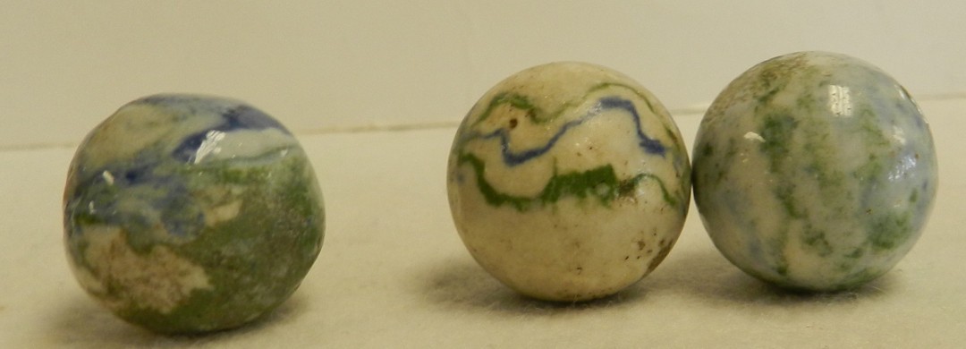 #21029m Vintage Group of 3 German Handmade Crockery Shooter Marbles .82 to .83