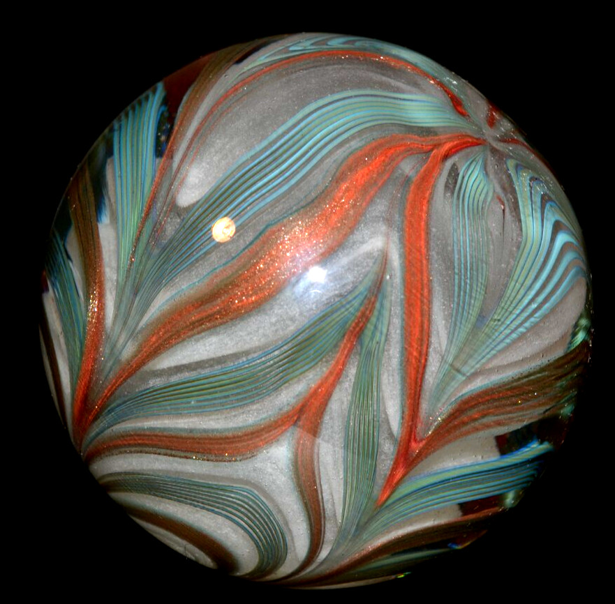 JEREMY DRISKELL GLASS MARBLE/3.175″-TURQUOISE BLACKLIGHT FEATHER-TURQ. UNDER BL