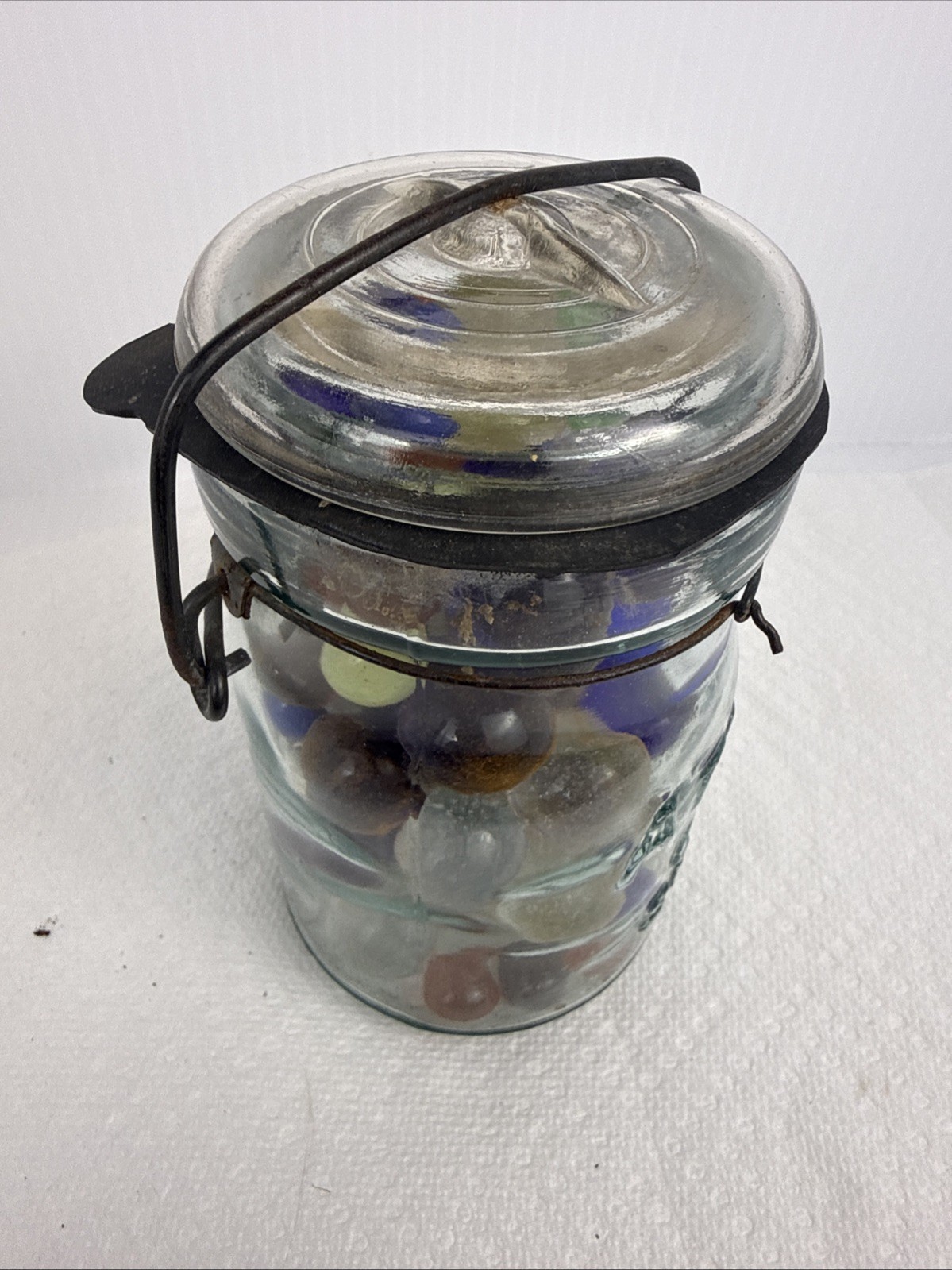 Pint Jar Full of Vintage Marbles in Antique Atlas E-Z Seal , Wire Bail, And Seal