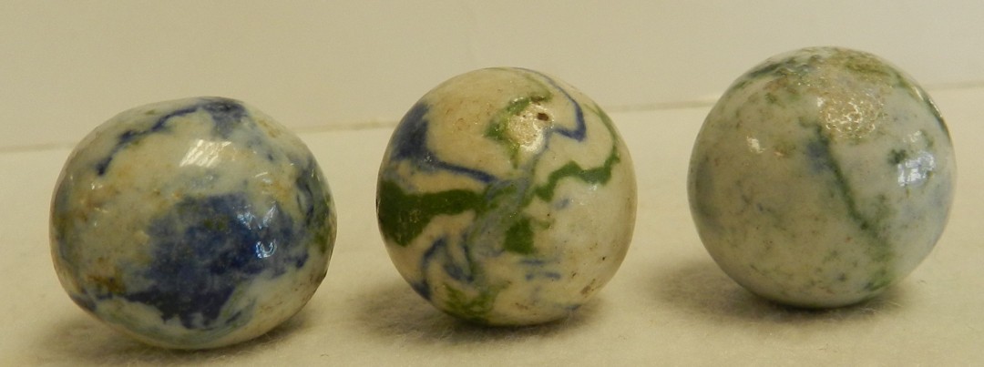 #21029m Vintage Group of 3 German Handmade Crockery Shooter Marbles .82 to .83