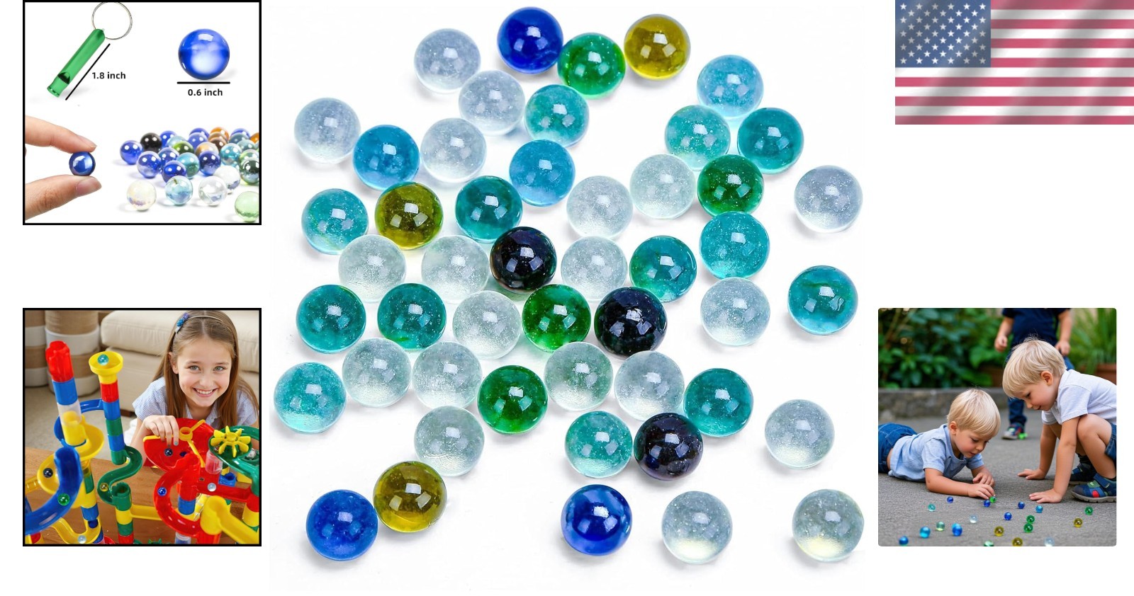 50 PCS Colorful Glass Marbles Set for Kids – Includes Whistle for Fun Games