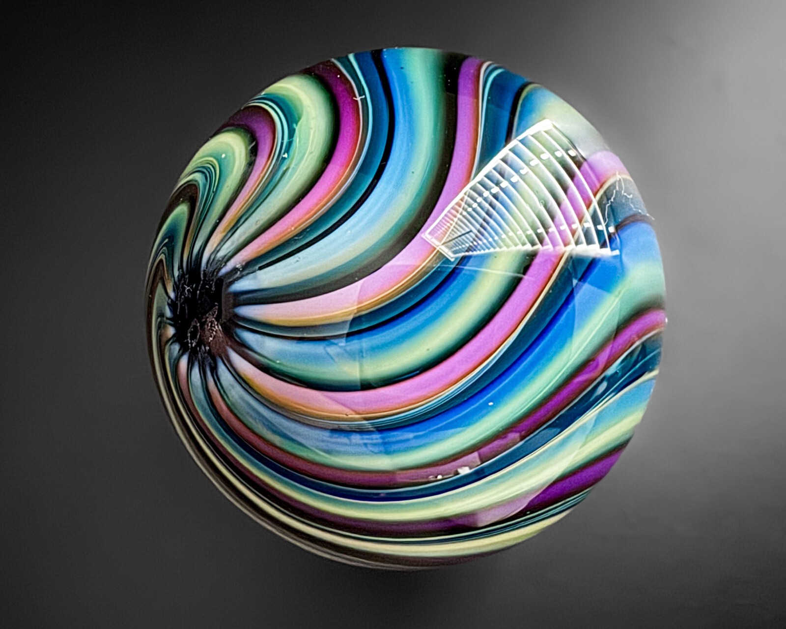 Fritz Lauenstein 1.5″ Green Purple Lampwork Swirl Art Glass Handblown Marble