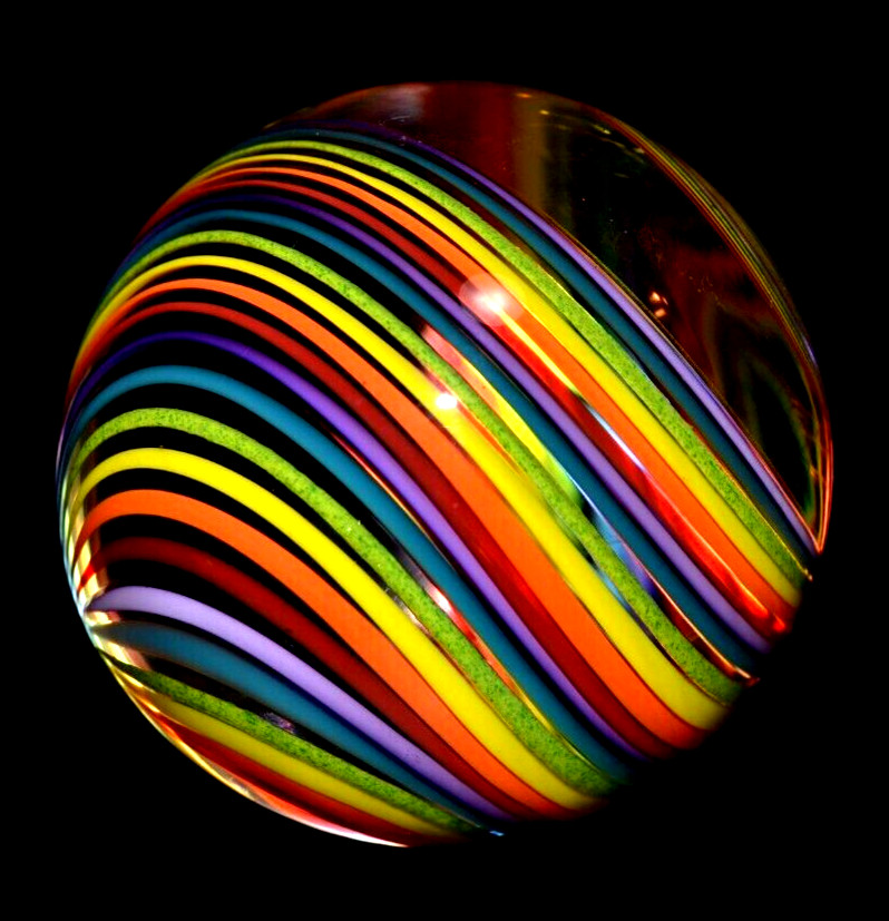 JOHN GIBBONS GLASS MARBLE/2.038″-SIMPLY A PERFECT RAINBOW-CRIMSON,ORANGE,GR.LUTZ