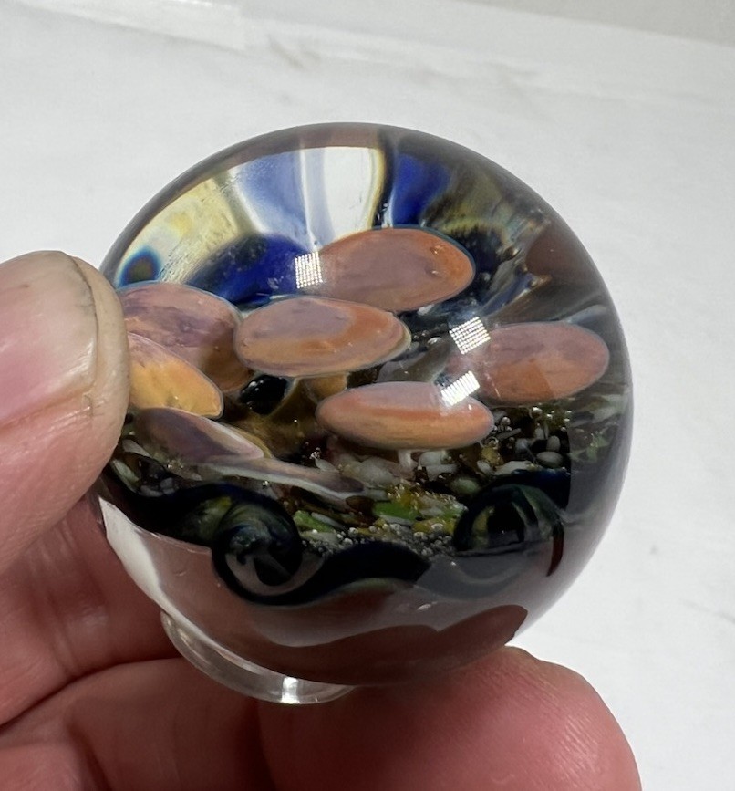 handmade glass marble Beautiful Mushrooms In Clear Base.