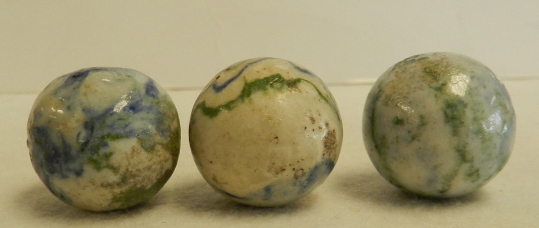 #21029m Vintage Group of 3 German Handmade Crockery Shooter Marbles .82 to .83