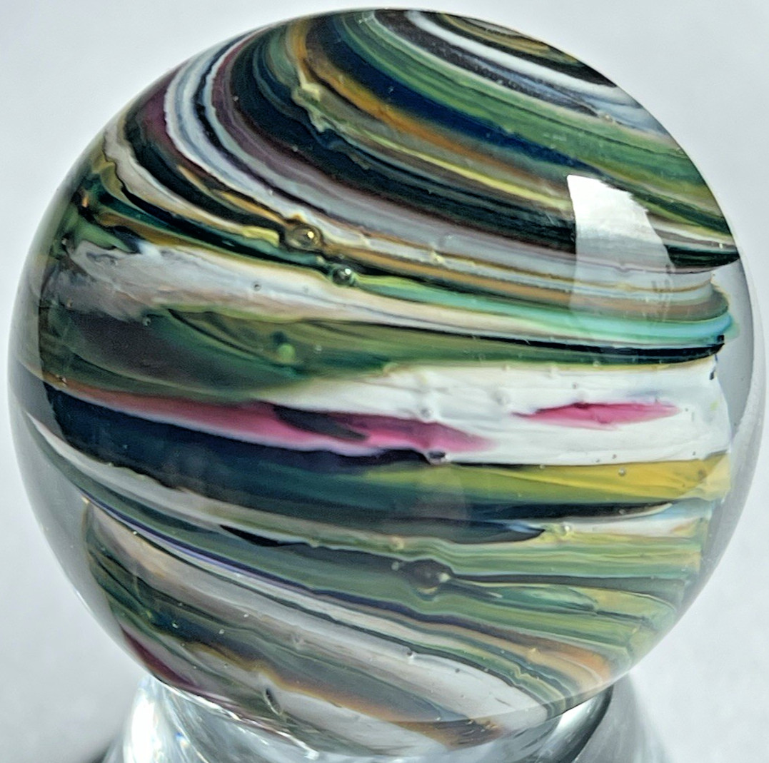 RICK DAVIS MARBLE SIGNED HANDMADE GLASS ART 1.44″ RED GREEN BLUE SWIRL