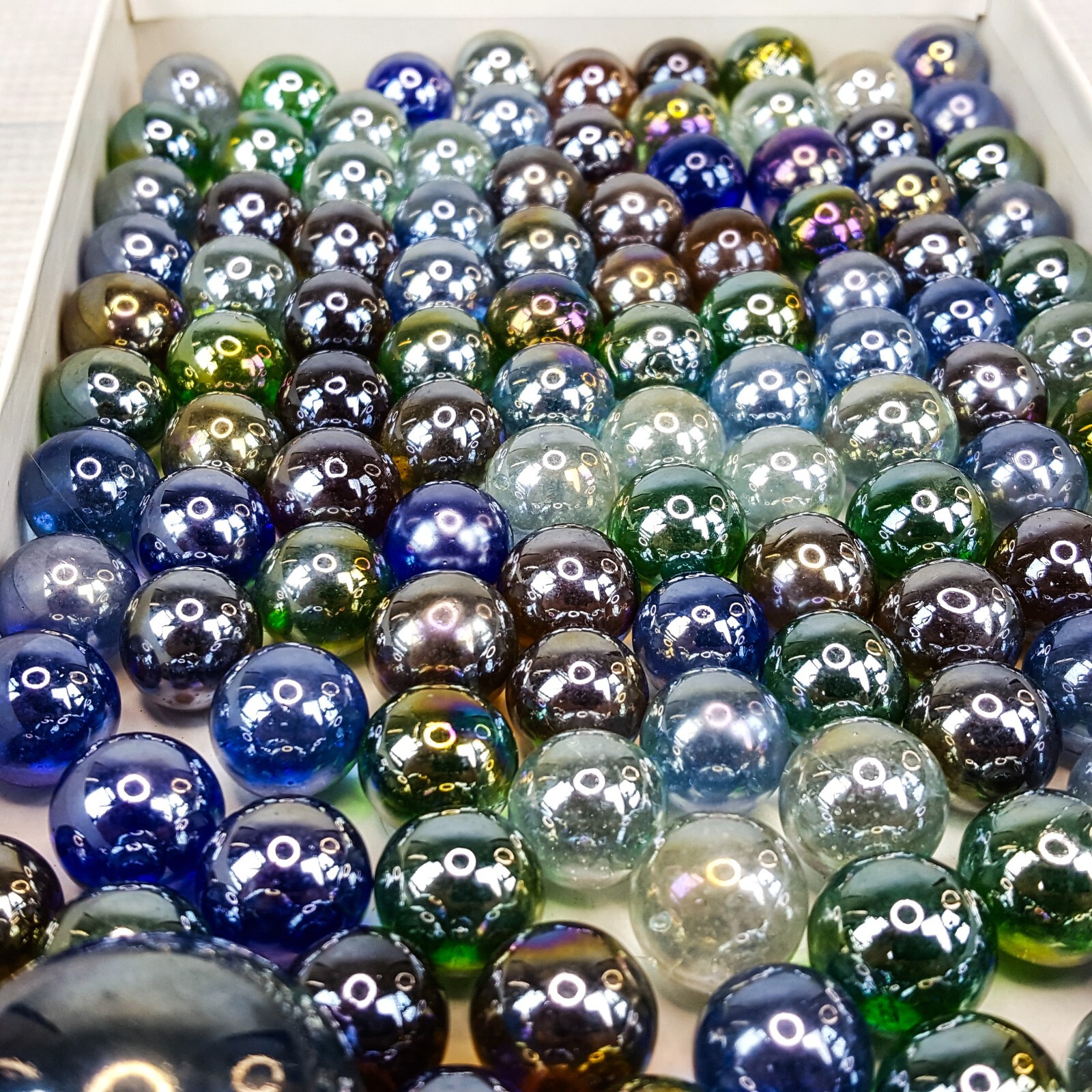 Vintage 15mm Marble 120pc LOT Metallic Blue Green Silver Glass & 6pc Shooter