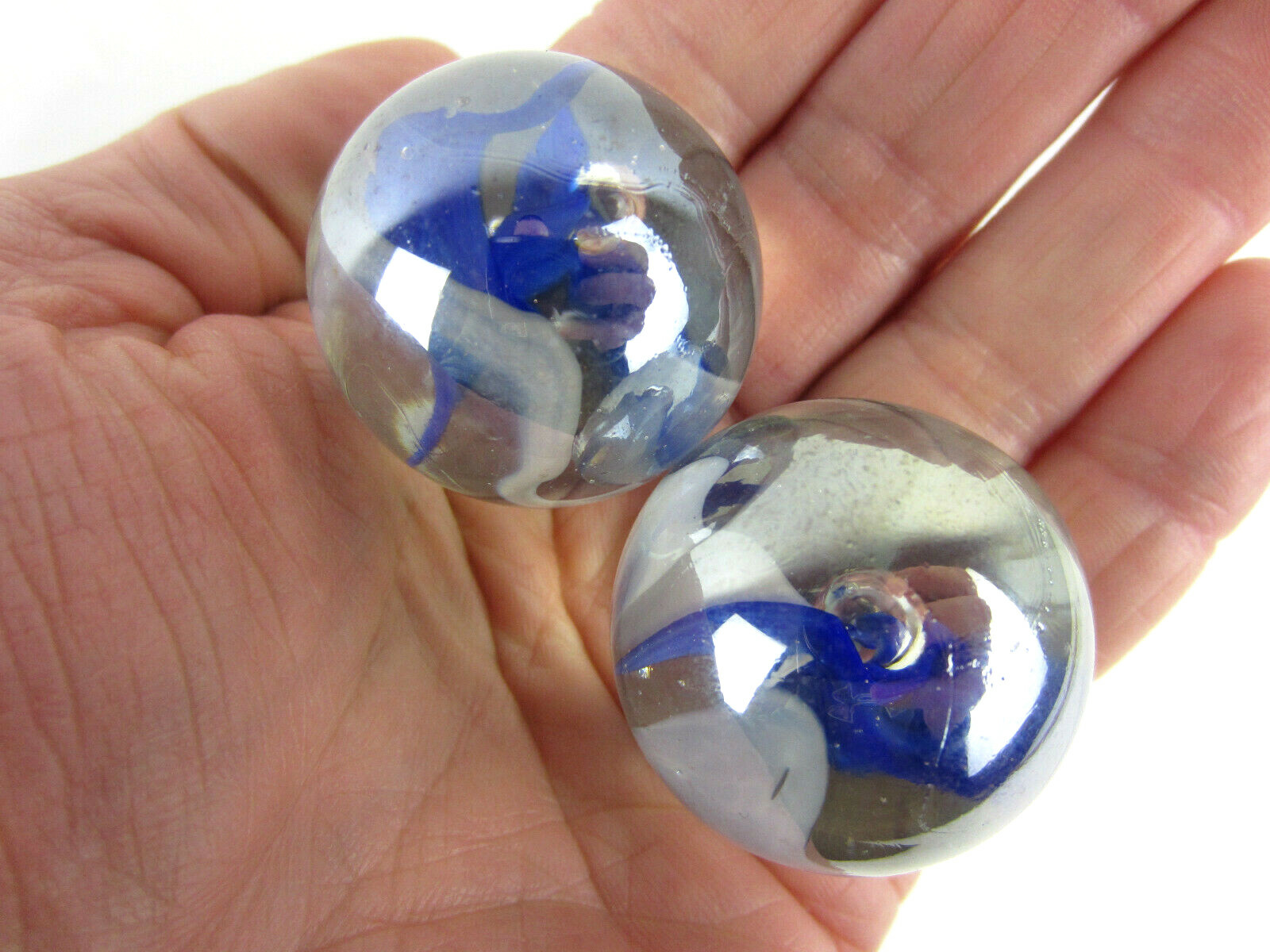 2 BOULDERS 35mm VAPOR Marbles glass ball Clear Blue White Giant HUGE Swirl