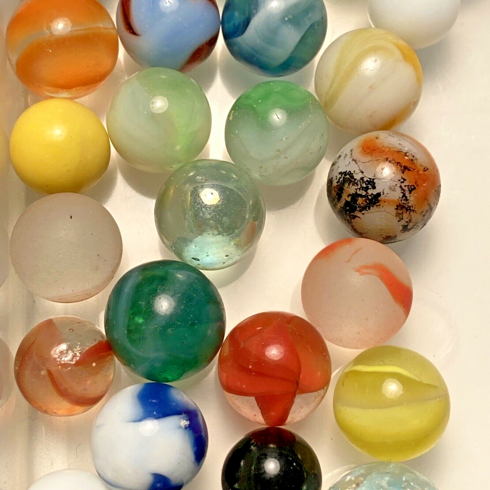 Vintage ? Lot of 34 Marbles Glass Crackle Blue Solid Yellow Green Orange Toy