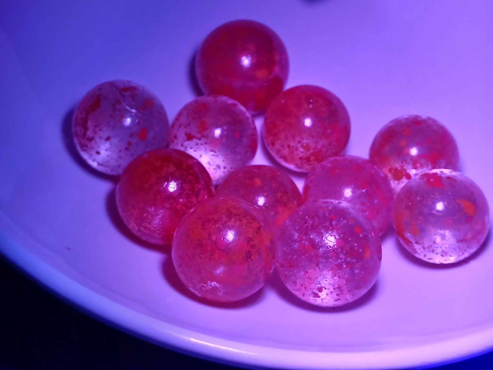 11 Vitro Agate Frit,Uranium Speckled Marbles Orange/Red/Yellow Speckles 1940s