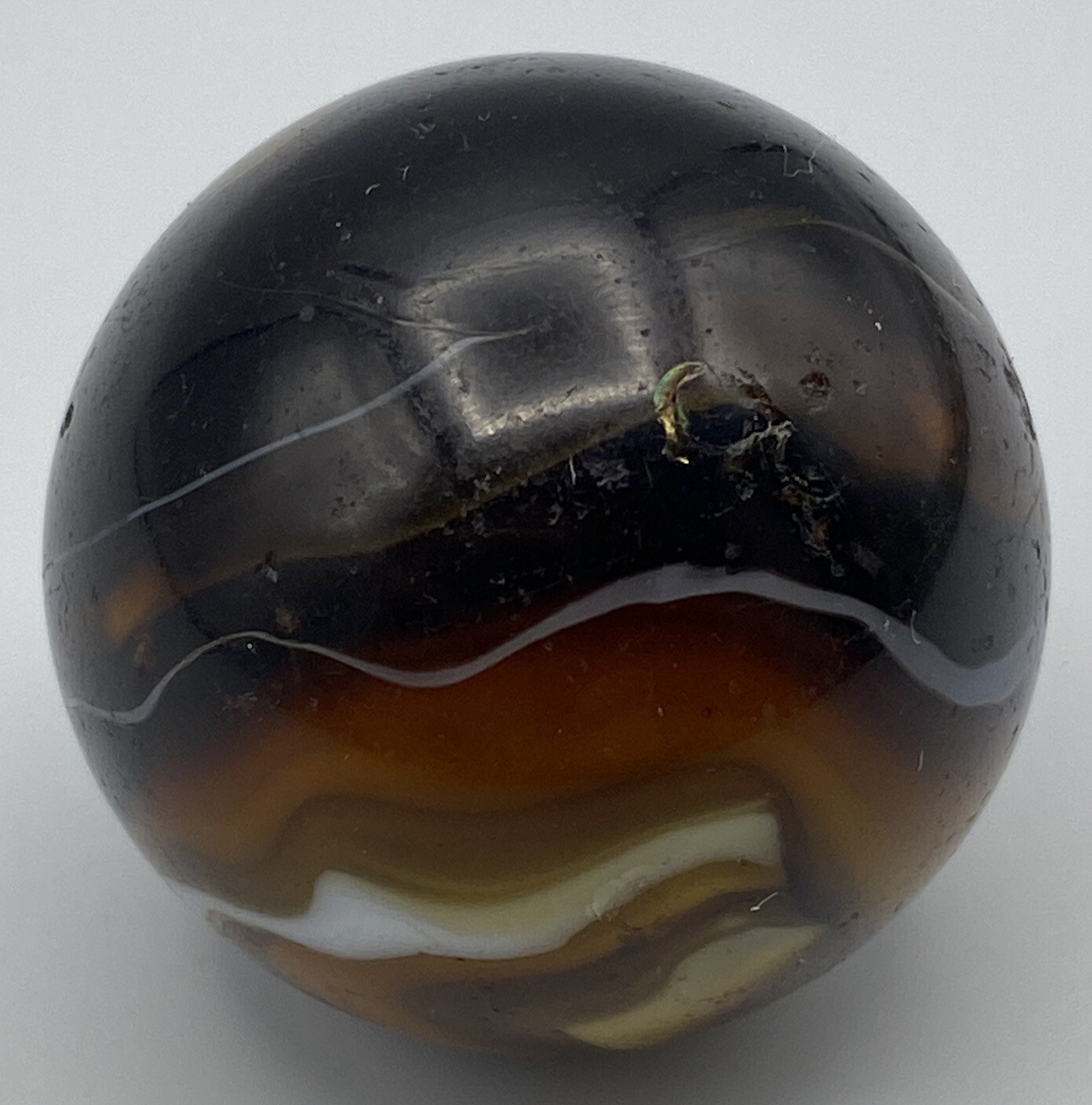 Marble : Scarce M.F. Christensen Brown Opaque White Swirl Slag Shooter 31.75mm