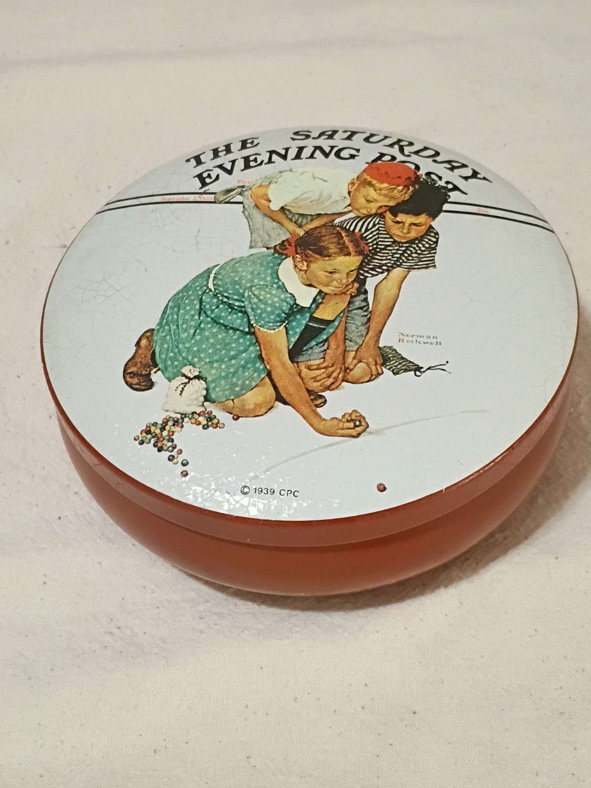 Norman Rockwell “Marbles Champion” Tin Full Of Vintage & Antique Marbles