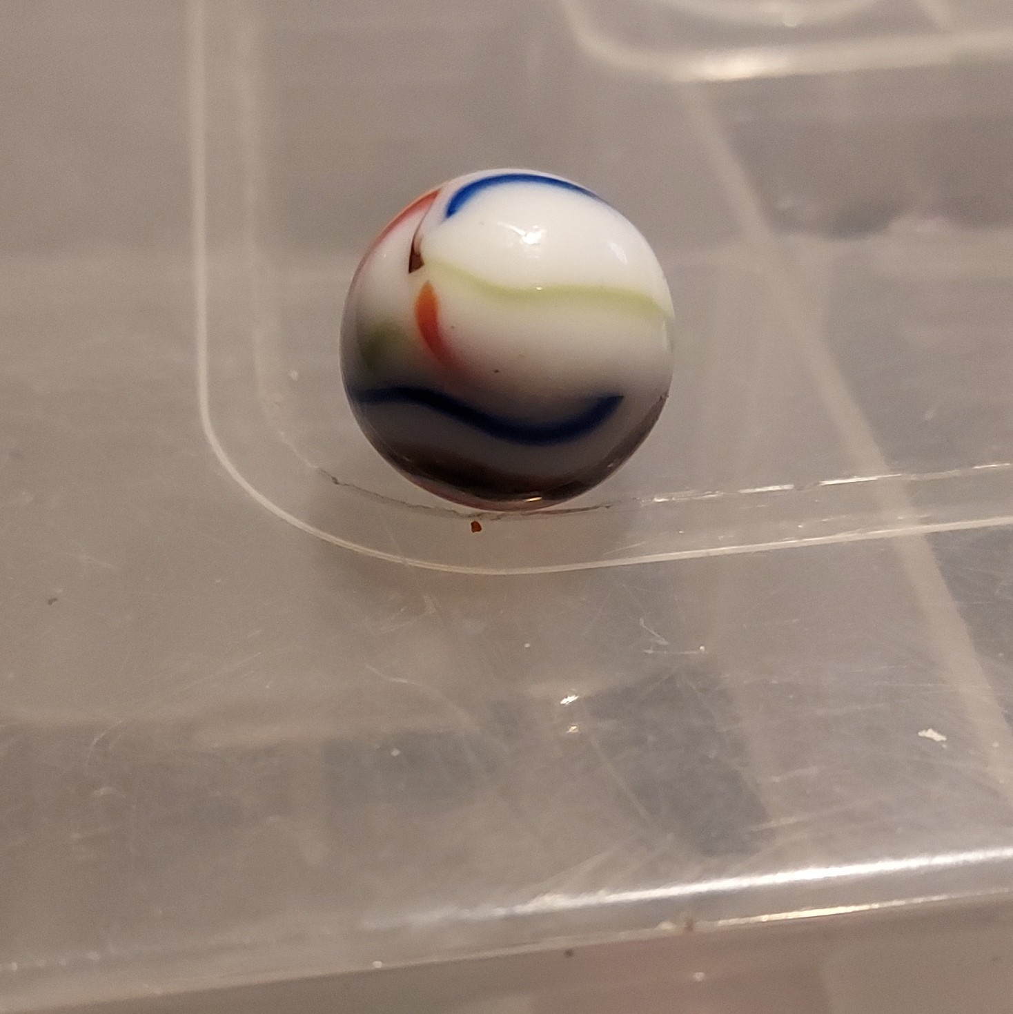White Base Glass Toy Marble – Blue Red Green & Brown Swirl, Single, Ages 17+