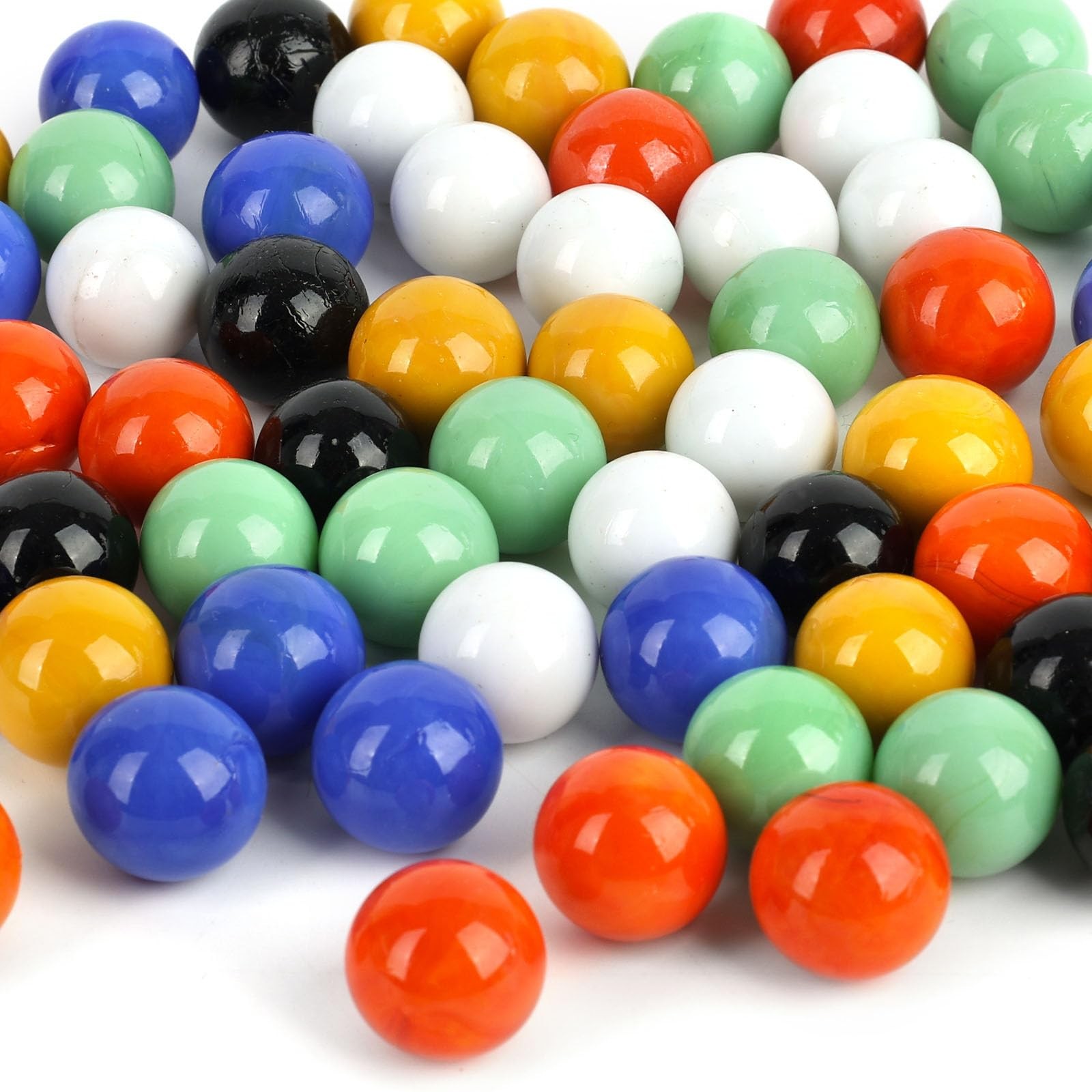 POPLAY 60PCS Glass Marbles Medium, Green, Yellow, Black, Blue, White, and Red