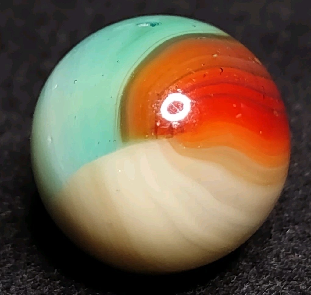 Aquamarine Blue & Red & Tan TRILITE Ribbon Swirl Glass Vitro Vintage Marble .63″