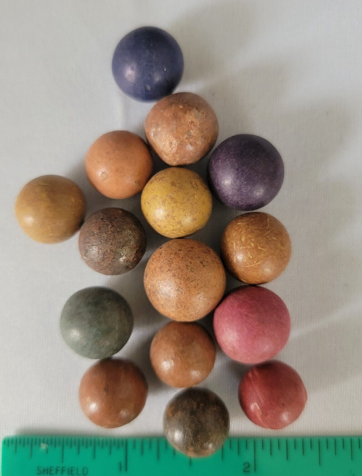 Group of 15 Various Size Vintage Clay MARBLES Blue-Purple Pink Green Brown pk 15