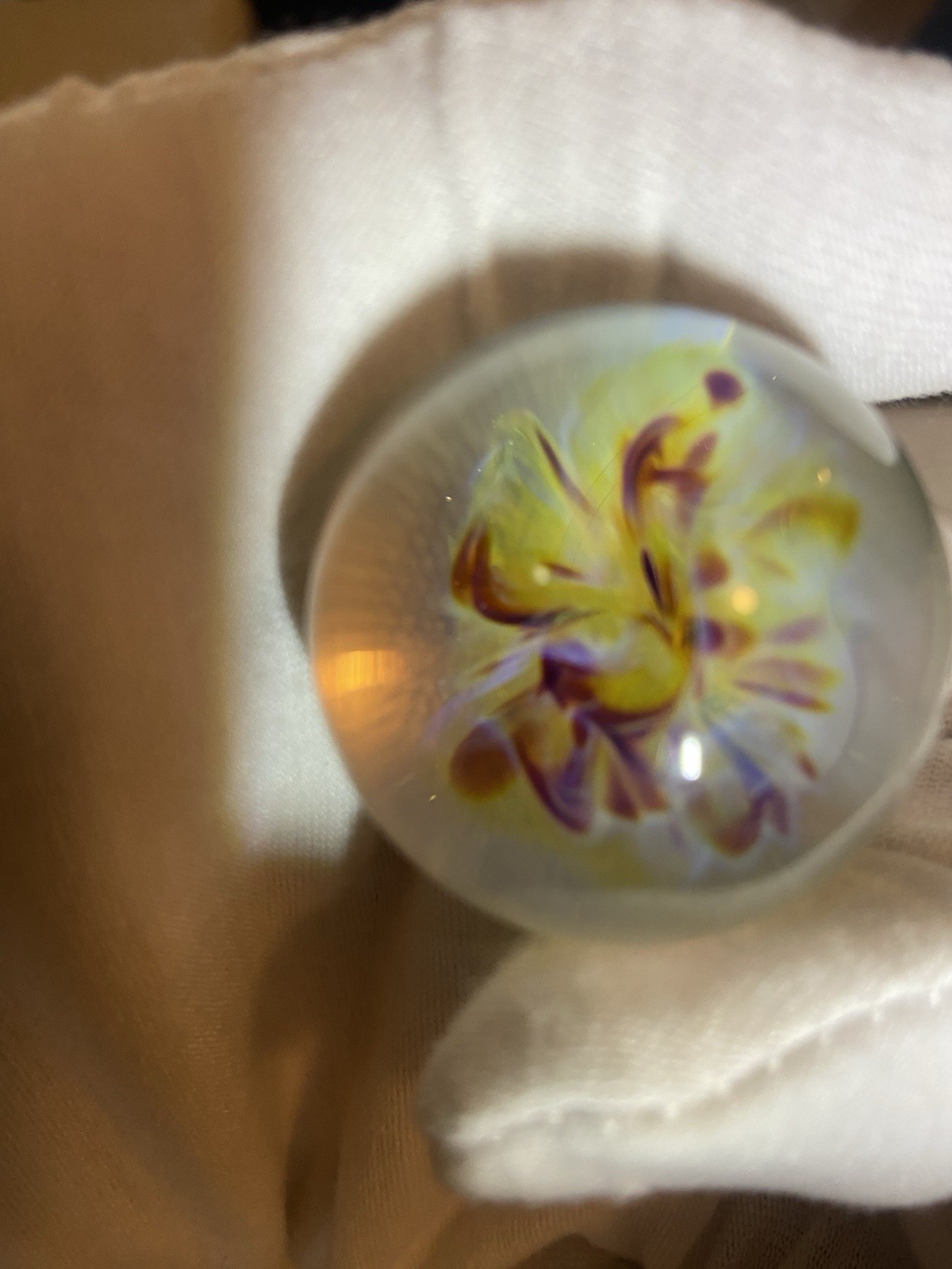 Handmade Art Glass Shooter Marble Sphere, Yellow Purple Swirl Flower Design
