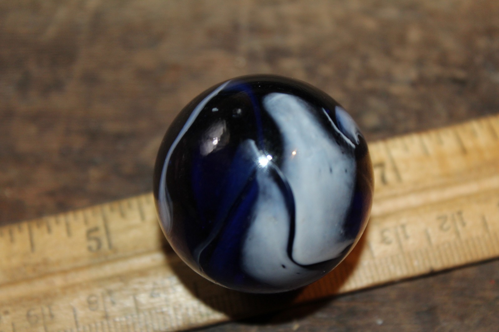 Vintage Machine Made Large Glass Shooter Marble Cobalt Blue White Swirl 1-1/4″