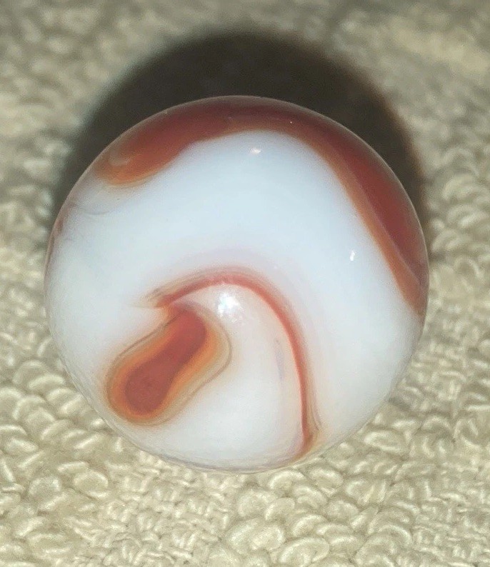 Alley Agate—St. Mary’s Blood Orange Swirl Marble On White Base 15.58mm