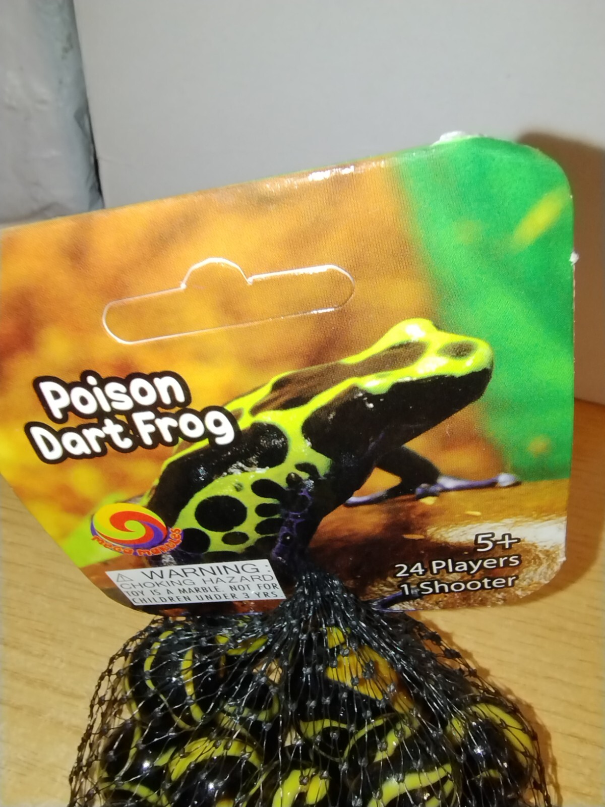 Vtg Net Bag Vacor/Mega Marbles 25 Black/Yellow Poison Dart Frog Swirls + Shooter