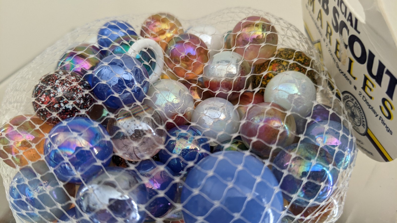 Net Bag of Vtg Boy Scouts America Cub Scout MARBLES — 80 16mm + 2 25mm Shooters