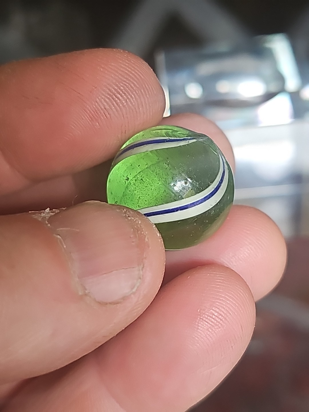 Antique German Handmade Blue White Banded Marble .78 Minty Green Transparent