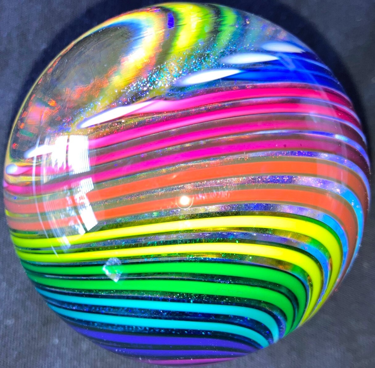 JAMES ALLOWAY Art GLASS MARBLE + STAND 2.87″ Huge DICHROIC RAINBOW VORTEX Signed