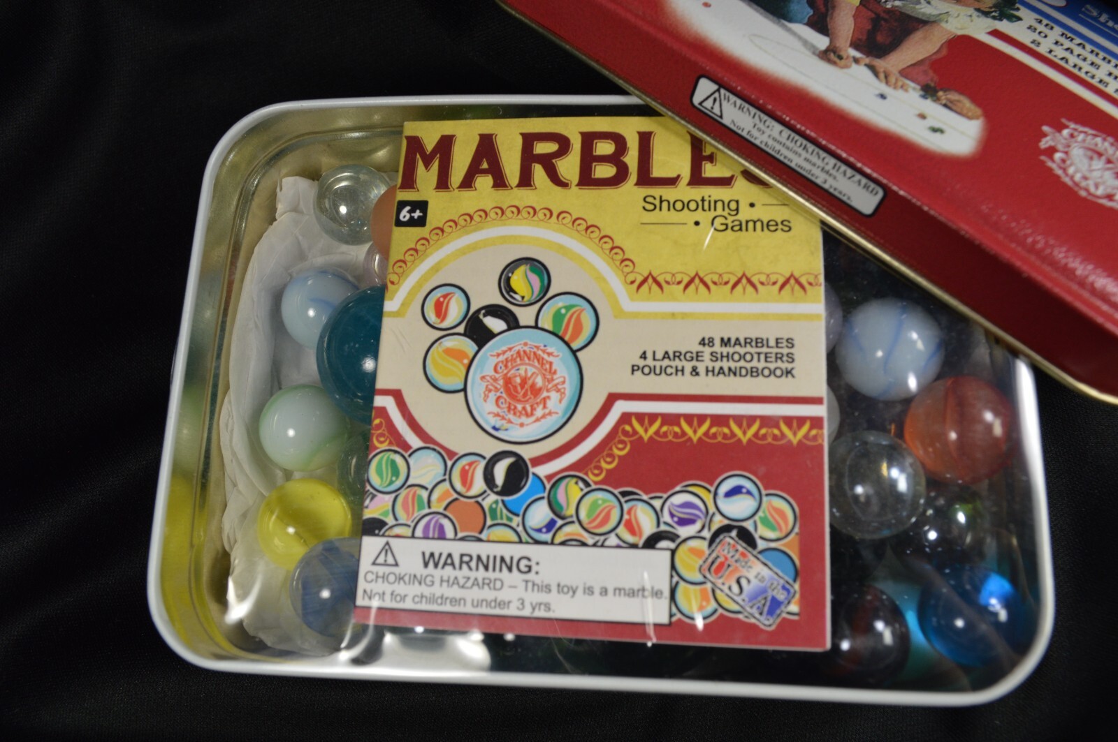 48 Marbles 2 Shooters Channel Craft Old-Fashioned Shooting Marble Game Metal Tin