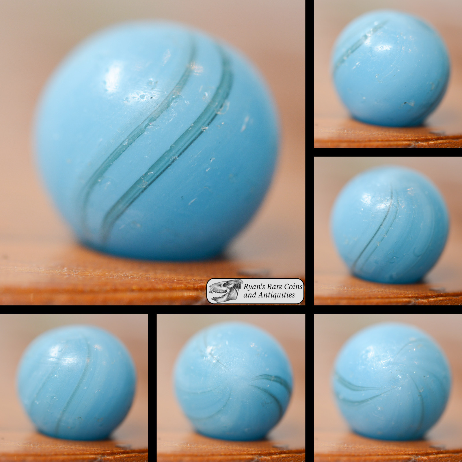 Handmade Aqua Base, Banded Opaque Marble, 5/8 in, Good+, Germany 1860-1920 S1505