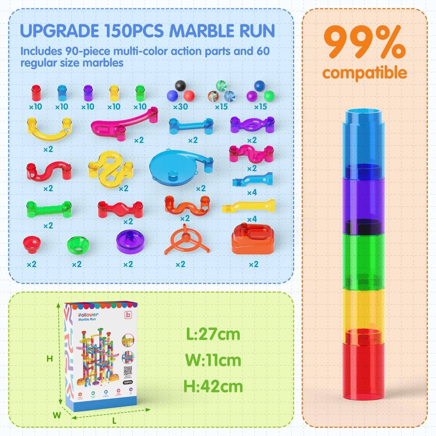 Ifollower Marble Run, 150Pcs Mable Track Race Toys for Kid, Upgrade Marble Maze