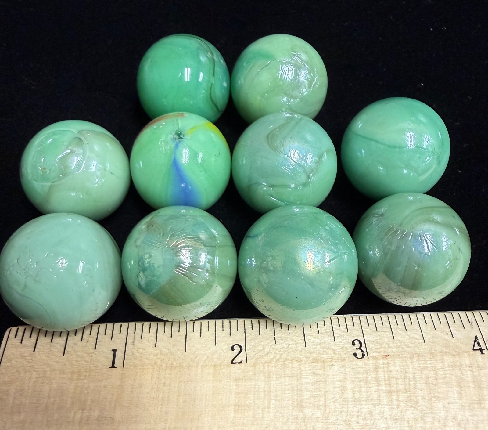 Vintage Glass Marbles Green, 24mm, 1 inch Approximately, Set of 10