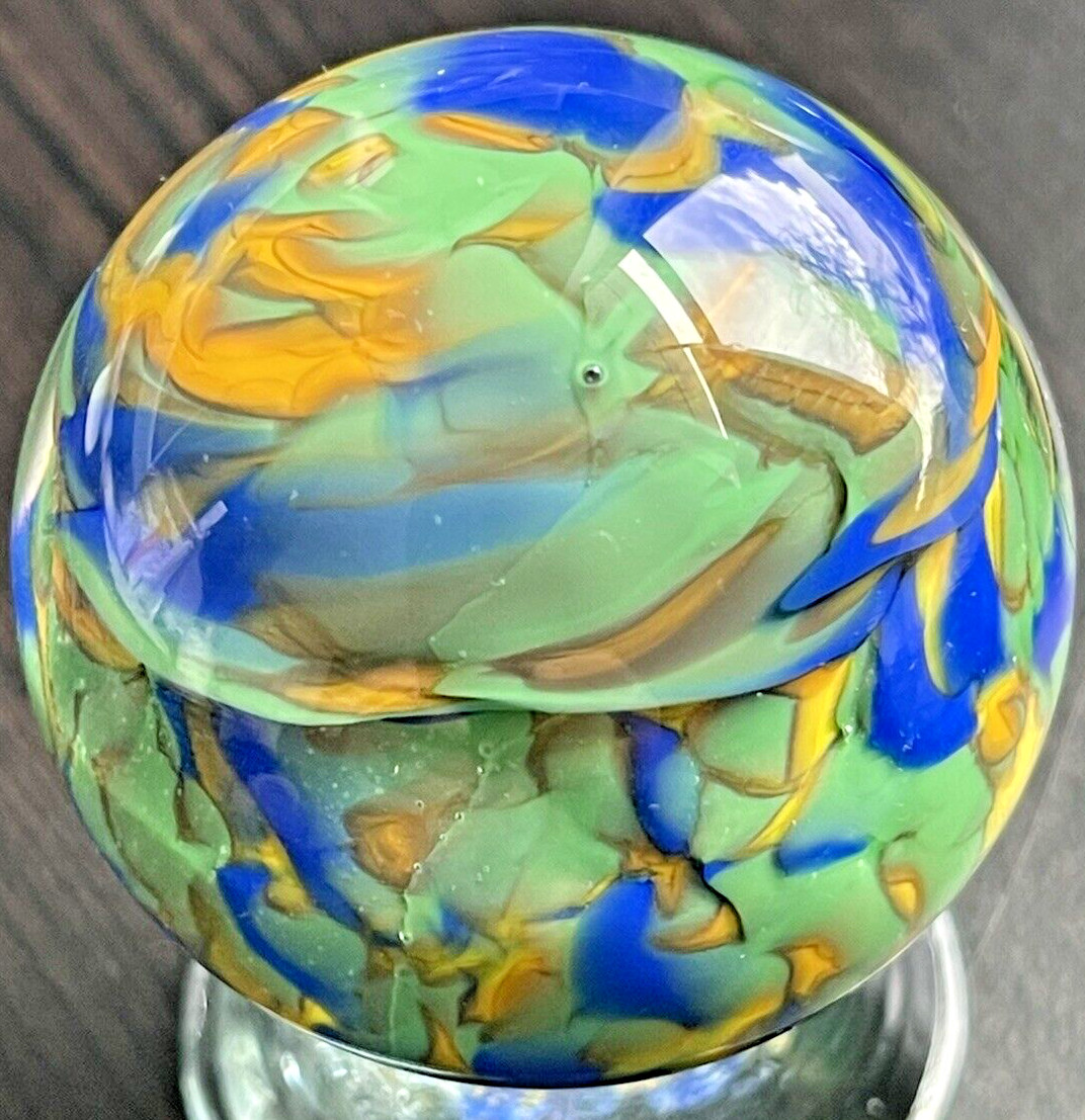VINTAGE EDDIE SEESE MARBLE ART GLASS HANDMADE MARBLE BLUE YELLOW 1.73″ FES 01