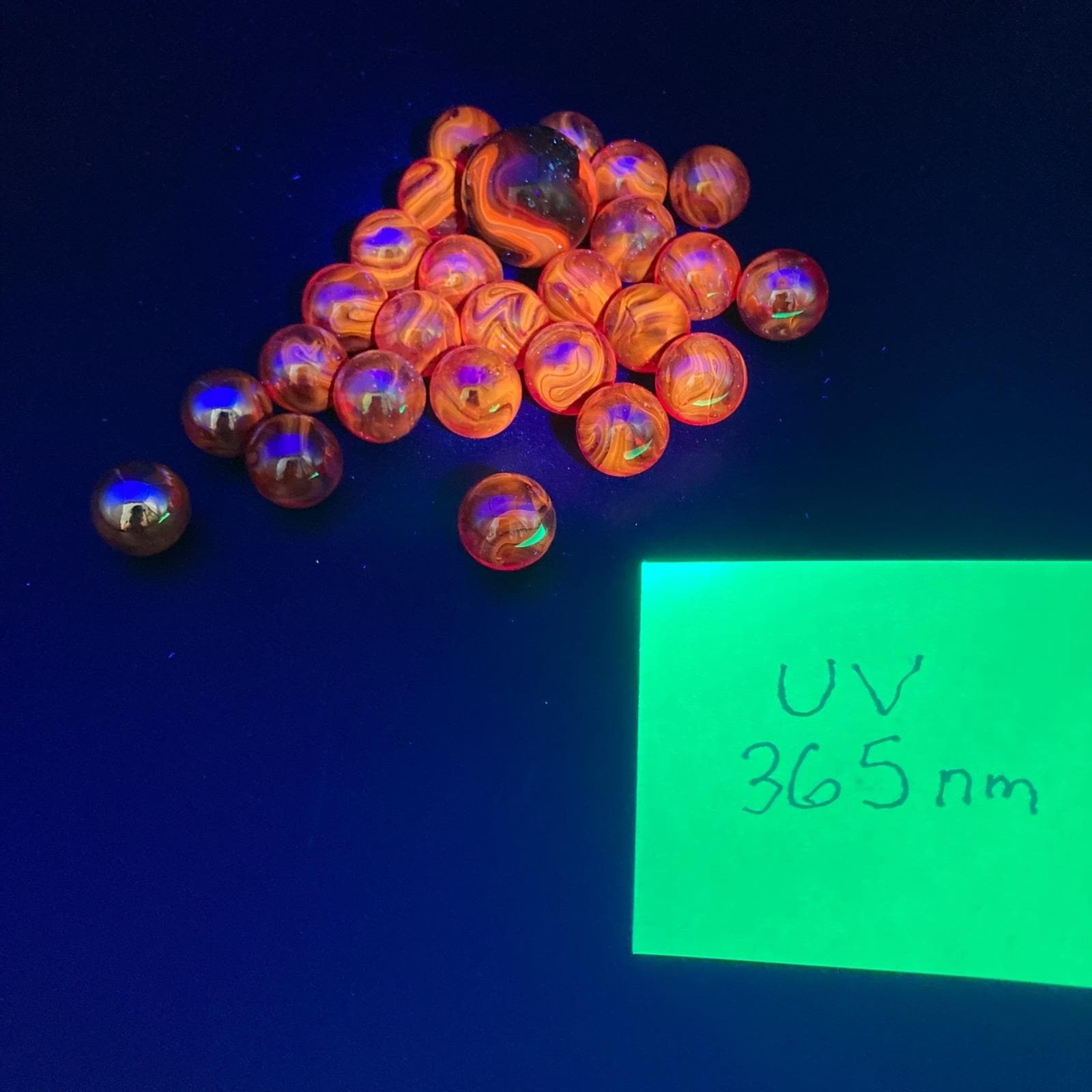 Vintage Glass Marbles / 25 Iridescent Red Orange Cadmium / Small / Glows / No 24