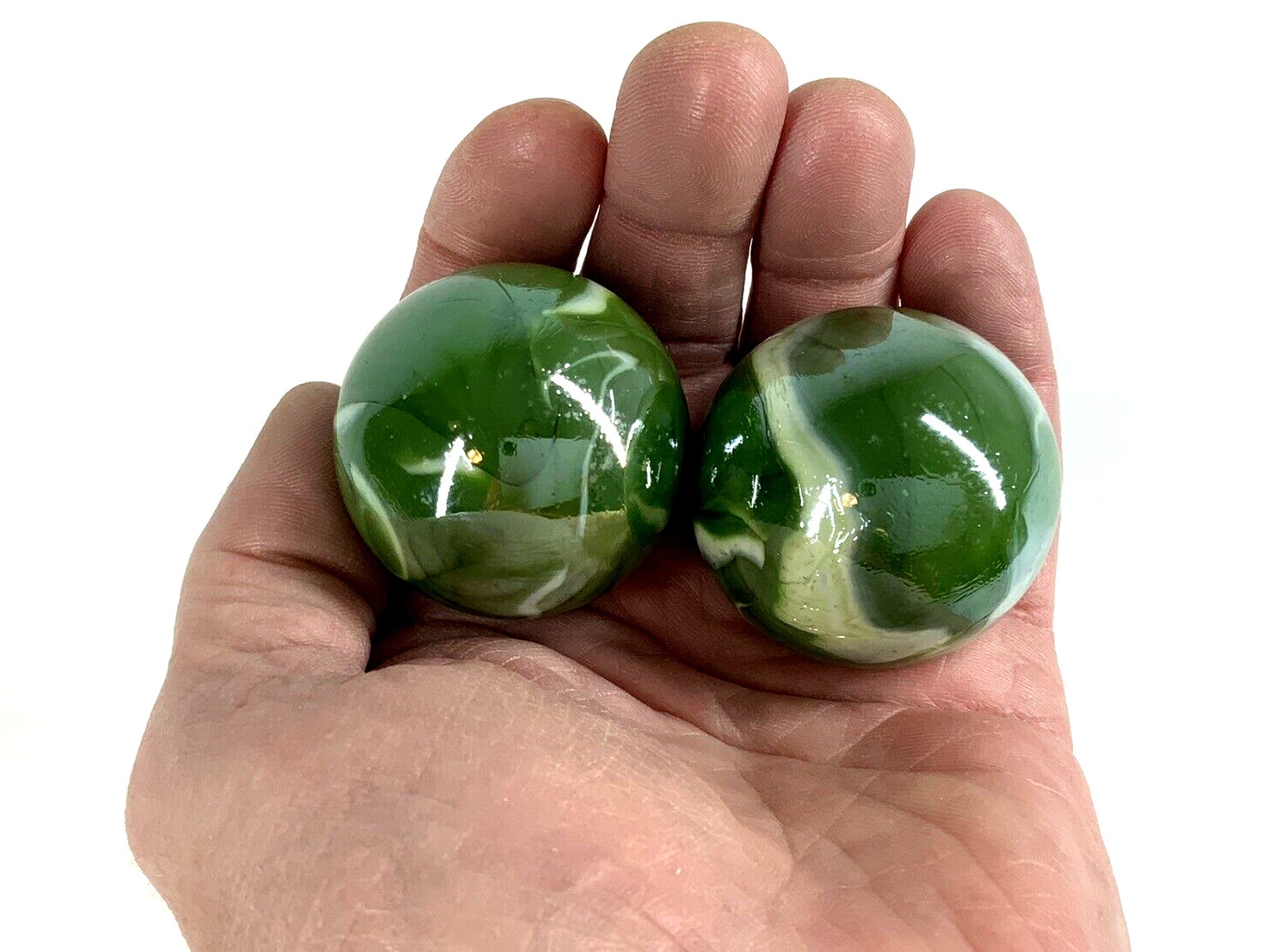 2 MAMMOTH 42mm FUNGUS Marbles 1 5/8″ glass ball Green White Iridescent LARGE