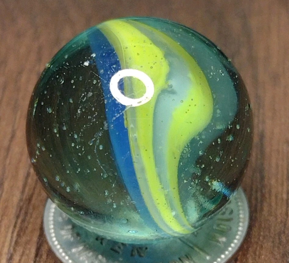 Blue Tri-Color NM .92″ LG Six Vane Ribbon Color Cateye Mystery Vintage Marbles