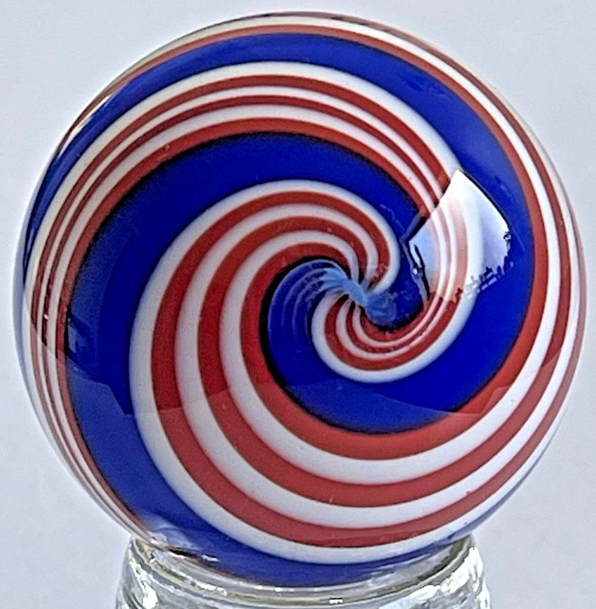 04 STEVE DAVIS SIGNED MARBLE HANDMADE GLASS ART RED WHITE & BLUE PATRIOTIC SWIRL