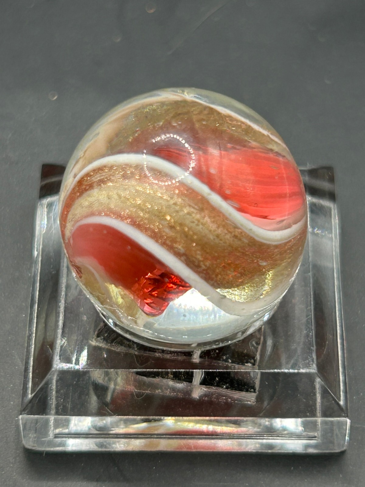Antique German Cranberry Ribbon Core Lutz Marble 11/16″ Mint+ E2.3