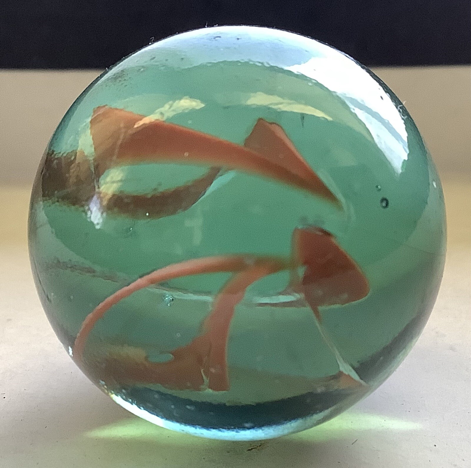 Vintage Estate Large 6 Vein Rust Red Color In Aqua Glass Shooter 1” Marble