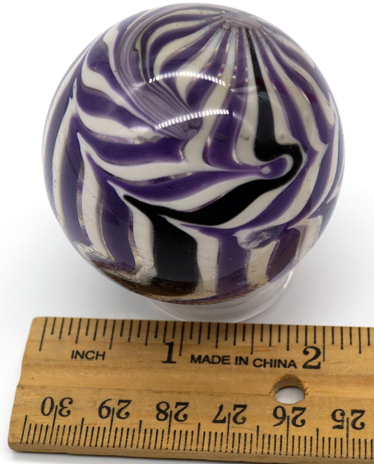 Art Glass Marble Reverse Twisted Spiral Swirl Purple & White One Black Swirl