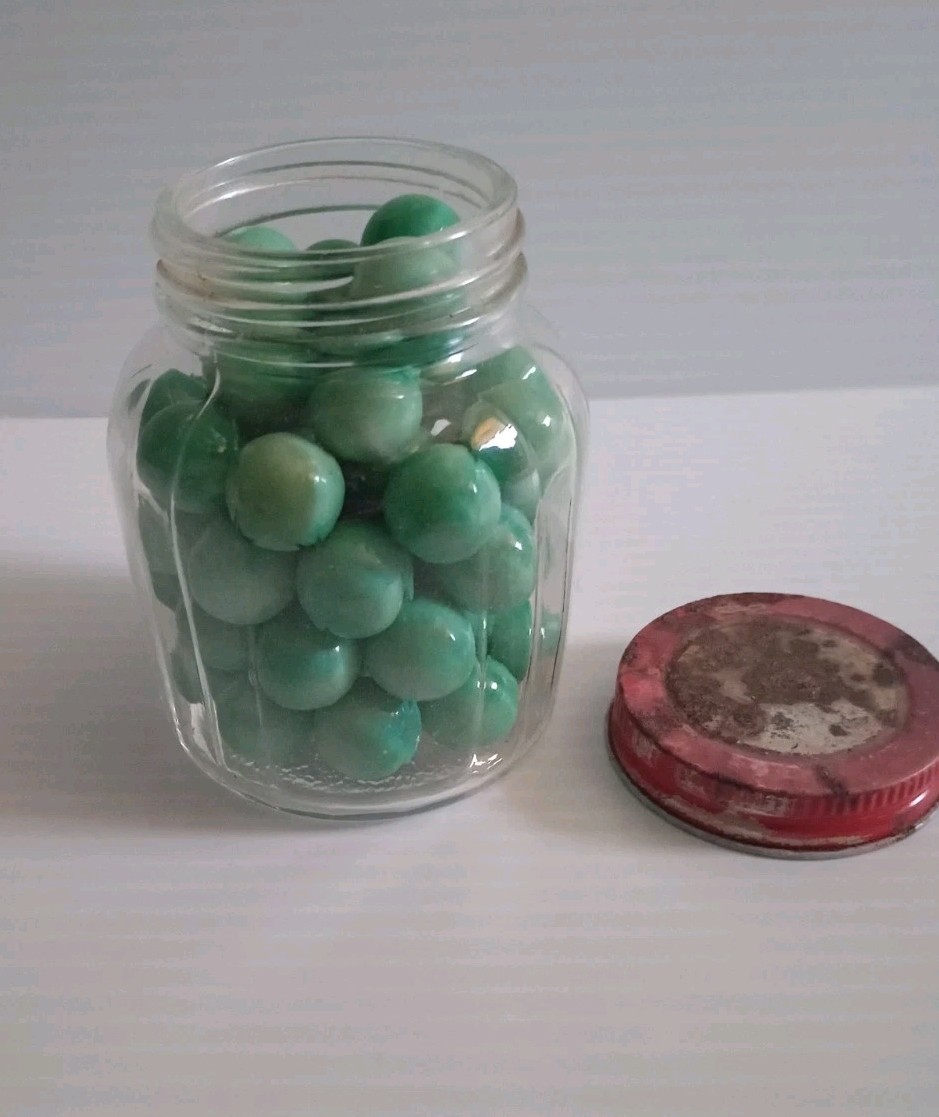55 Vintage Christensen Agate Jadeite /Celadon Swirl Marbles 1/2”D With Jar