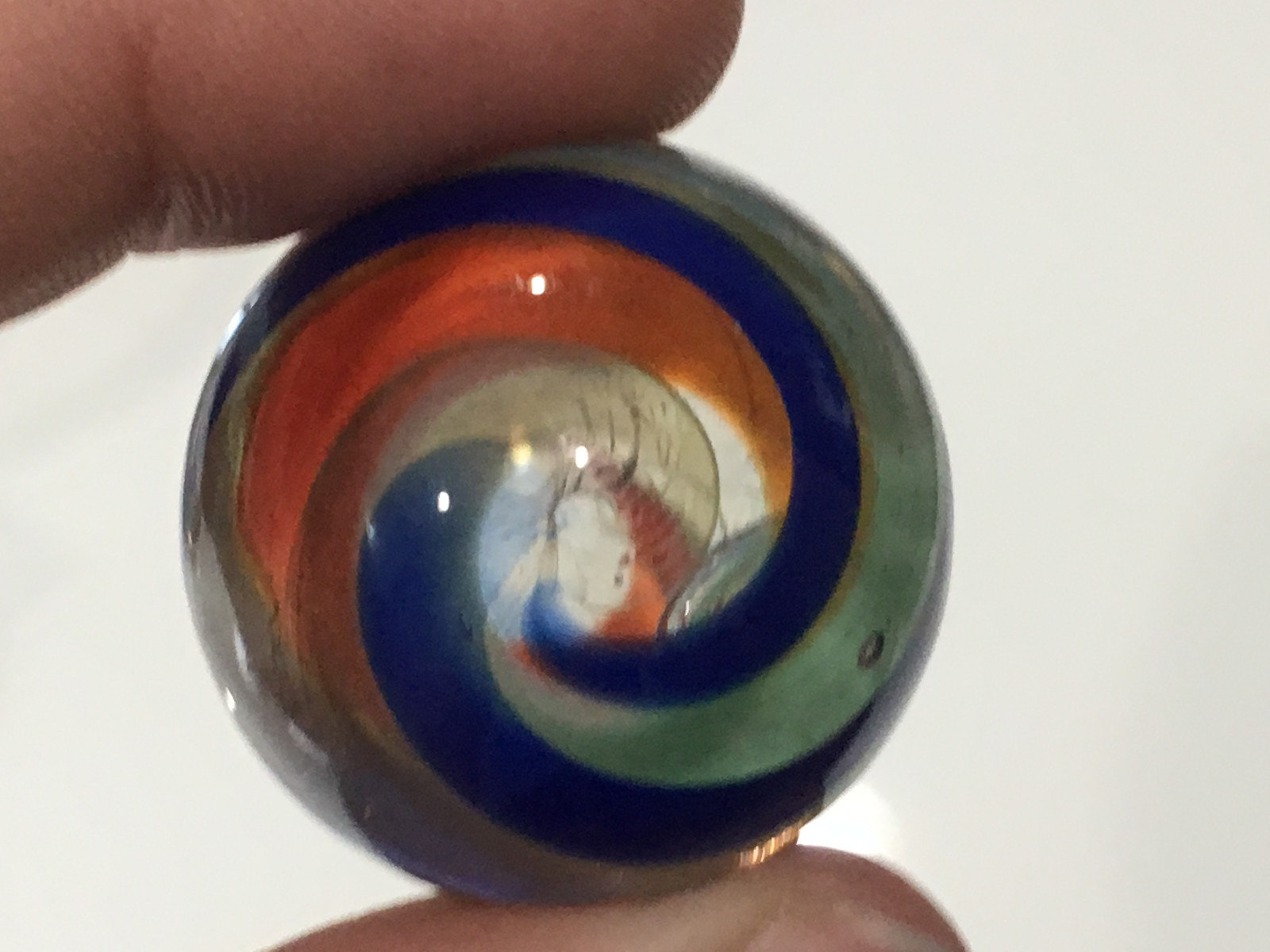 Unknown Age Blown Glass Shooter Marble Orange Blue Gold Swirl