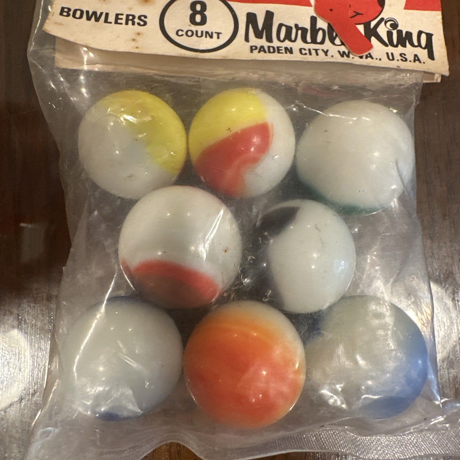 New Old Stock MARBLE King BOWLERS 8 MARBLES IN ORIGINAL PACK, 7/8 inch T39