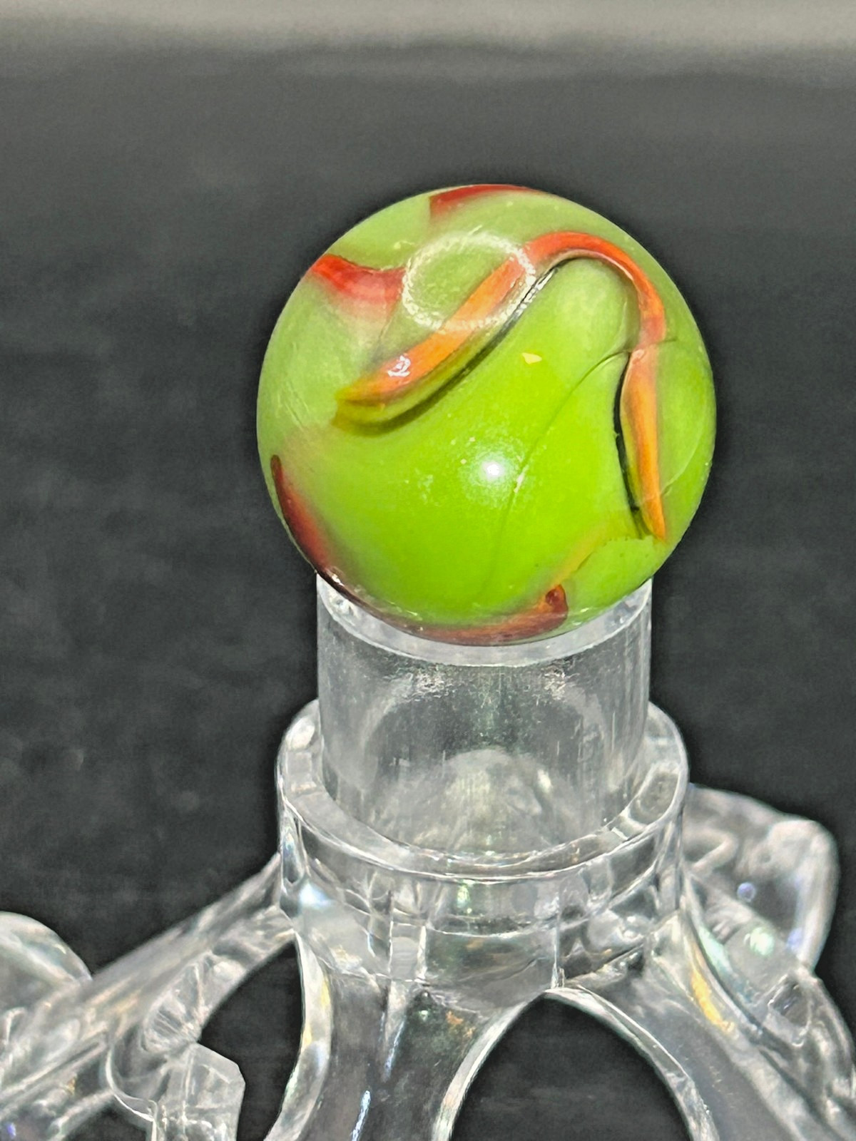 Vintage Peltier NLR Flaming Dragon Marble, Green Base/Red Ribbons, .79″, Mint, #
